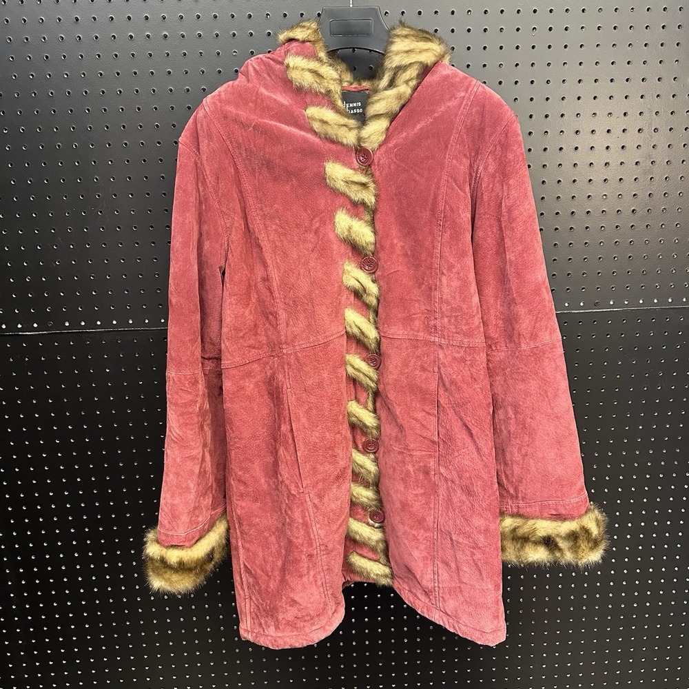 Vintage Dennis Basso Women's Burgundy‎ Suede Leather Faux Fur Lined Coat Medium